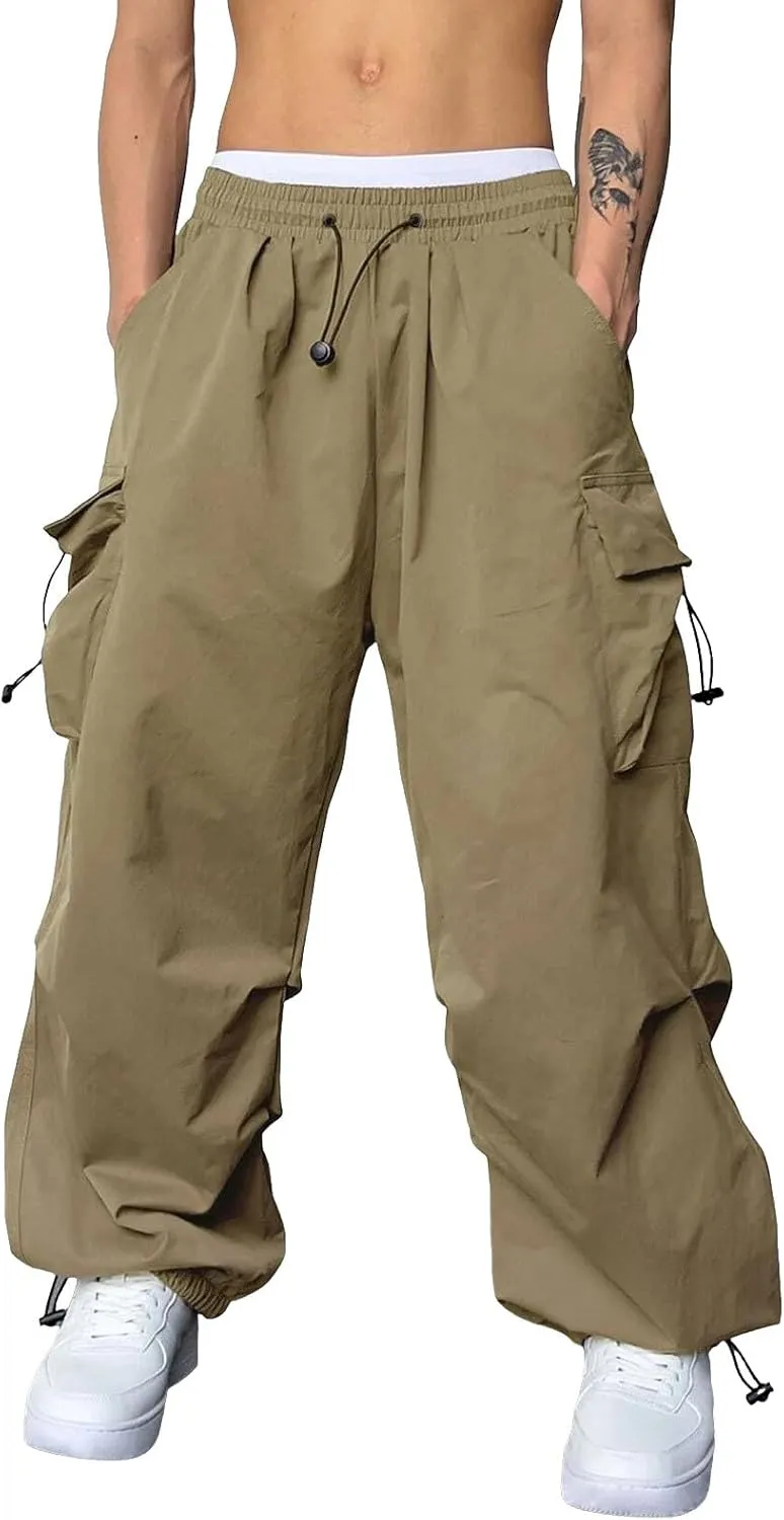 Parachute Pants Men Casual Baggy Cargo Sweatpants Trendy Loose Fit Y2K Hip Hop Drawstring Harem Pants for Streetwear