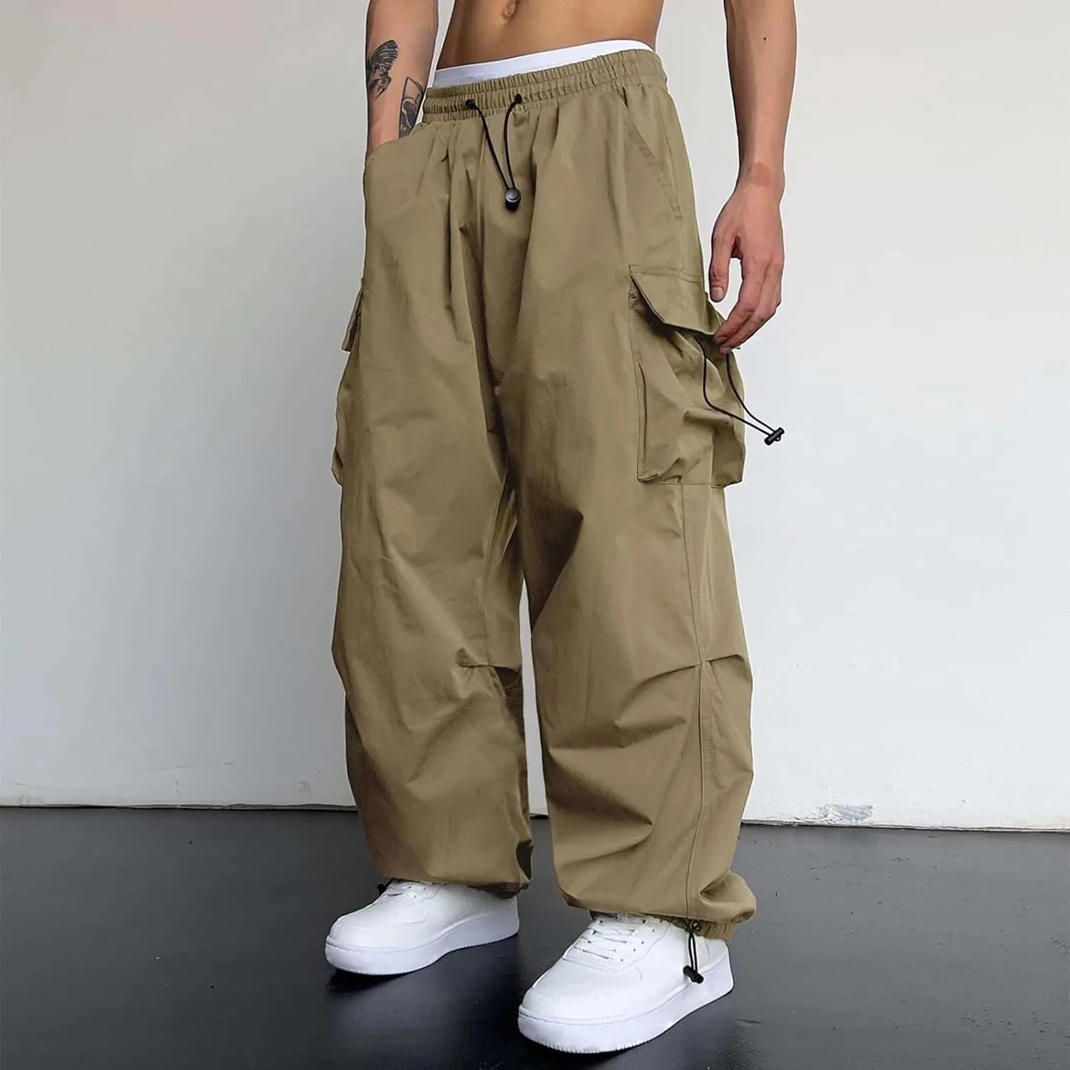 Parachute Pants Men Casual Baggy Cargo Sweatpants Trendy Loose Fit Y2K Hip Hop Drawstring Harem Pants for Streetwear