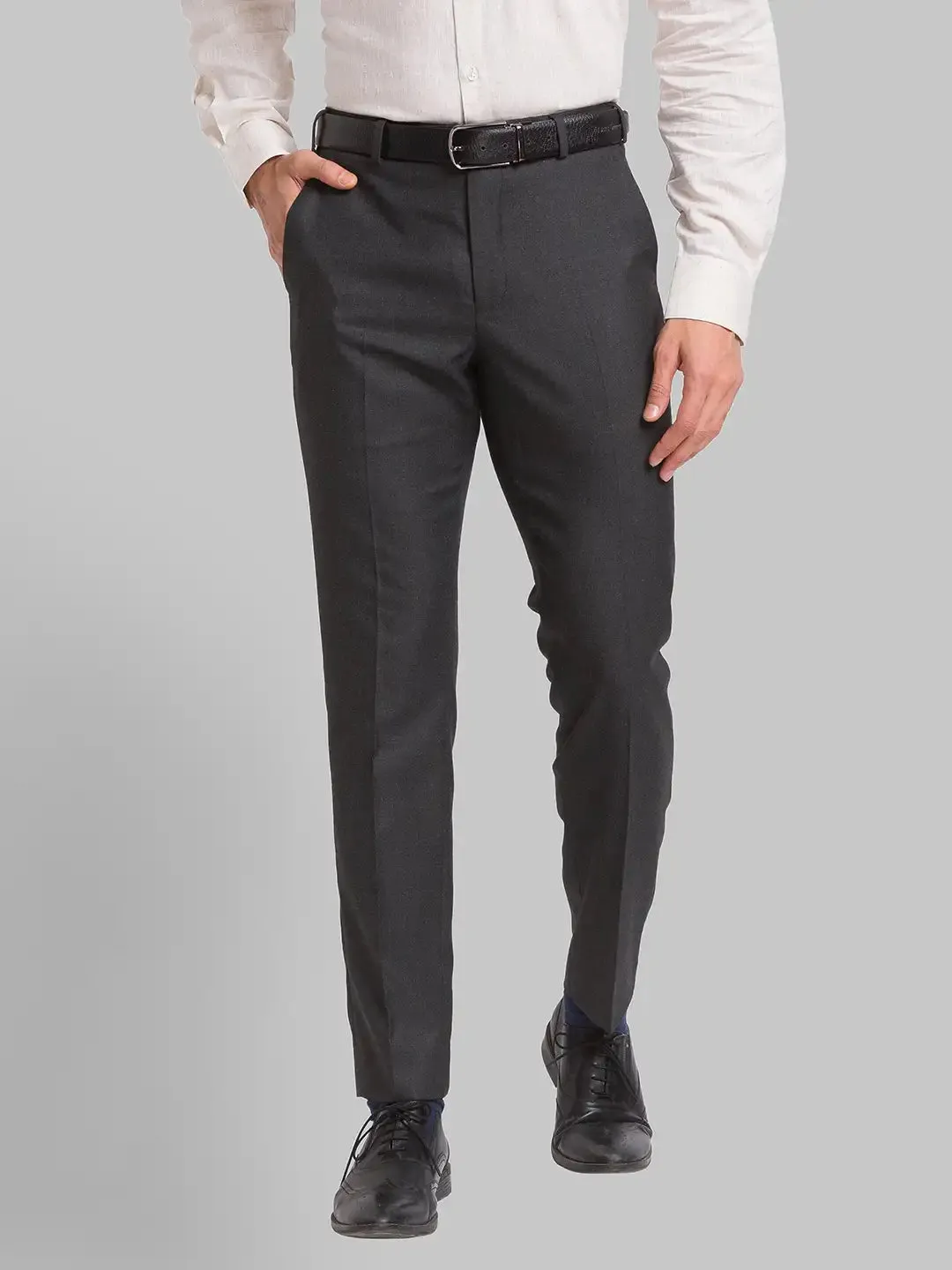 Park Avenue Men Grey Structure Super Slim Fit Polyester Blend Trousers