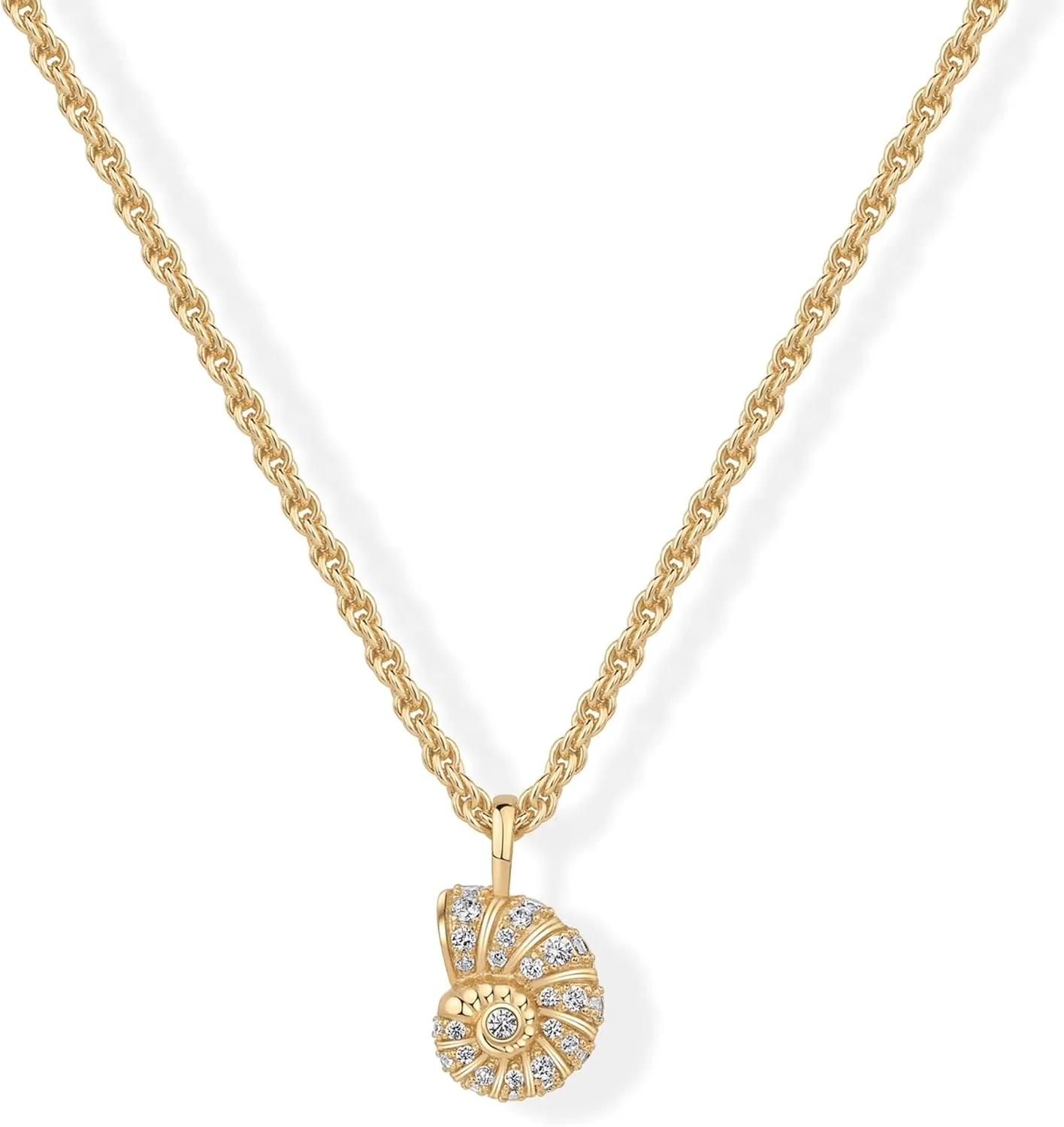 PAVOI 14K Gold Plated Dainty Statement Pendant Necklaces for Women - Hammered Circle Beachy Summer Conch Seashell Pendants - Knit Tightened Rope Chain Necklace