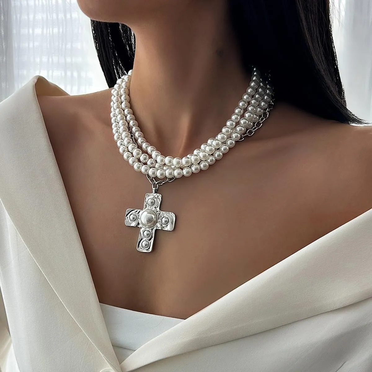 Pearl Cross Necklace for Women Chunky Gold Cross Necklace Layered Cross Pearl Stacked Choker Necklace OT Buckle Chain Chunky Gold Statement Cross Pendant Necklace