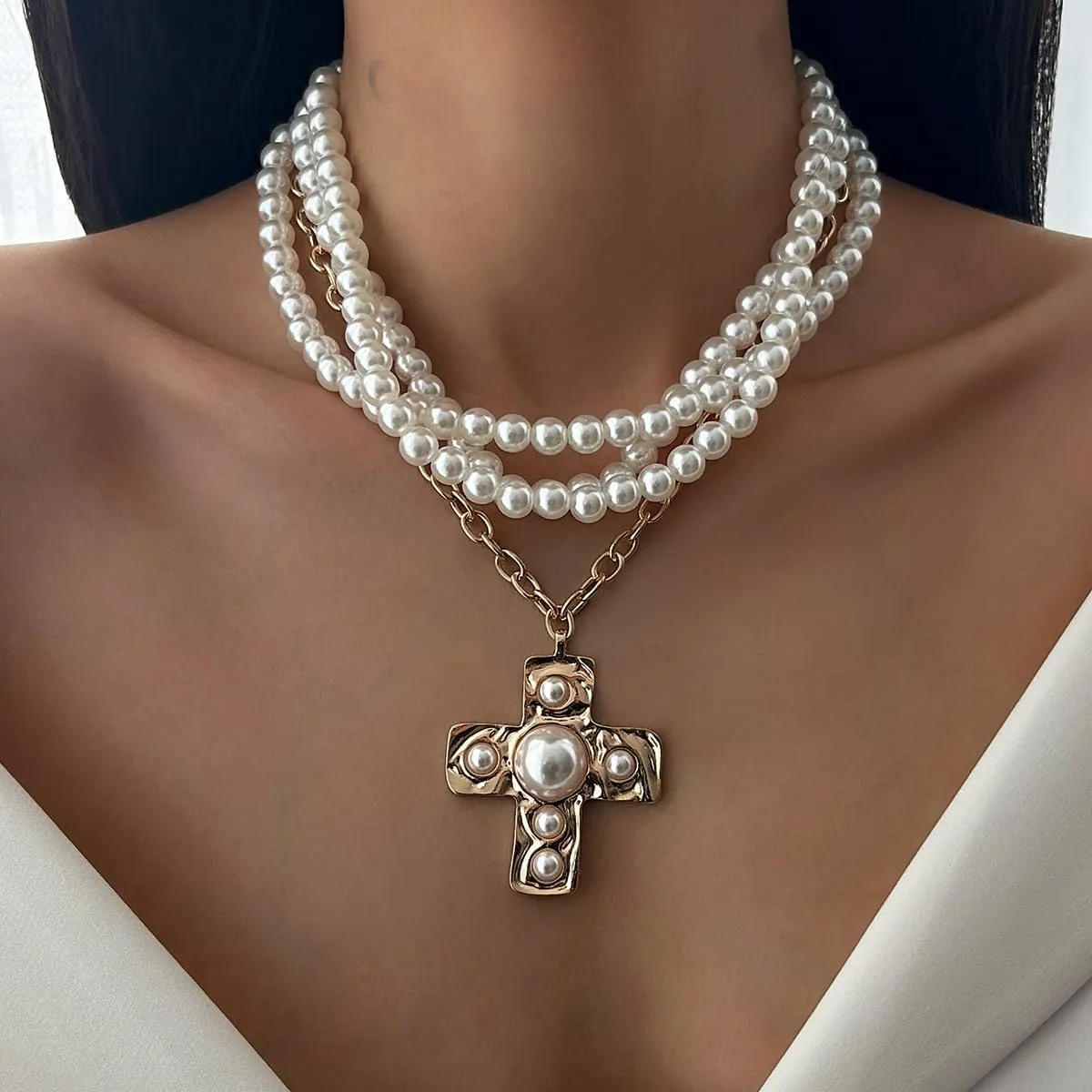 Pearl Cross Necklace for Women Chunky Gold Cross Necklace Layered Cross Pearl Stacked Choker Necklace OT Buckle Chain Chunky Gold Statement Cross Pendant Necklace