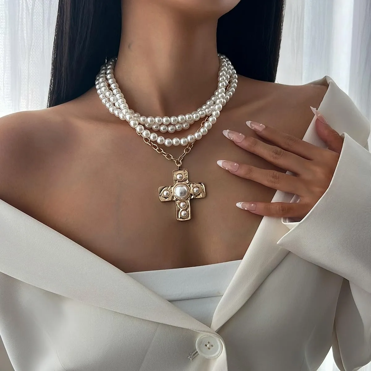 Pearl Cross Necklace for Women Chunky Gold Cross Necklace Layered Cross Pearl Stacked Choker Necklace OT Buckle Chain Chunky Gold Statement Cross Pendant Necklace