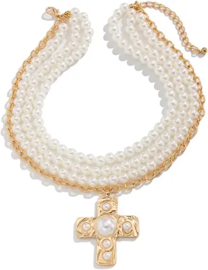 Pearl Cross Necklace for Women Chunky Gold Cross Necklace Layered Cross Pearl Stacked Choker Necklace OT Buckle Chain Chunky Gold Statement Cross Pendant Necklace