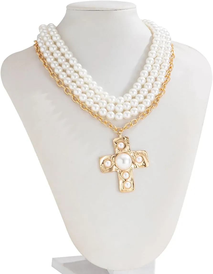 Pearl Cross Necklace for Women Chunky Gold Cross Necklace Layered Cross Pearl Stacked Choker Necklace OT Buckle Chain Chunky Gold Statement Cross Pendant Necklace