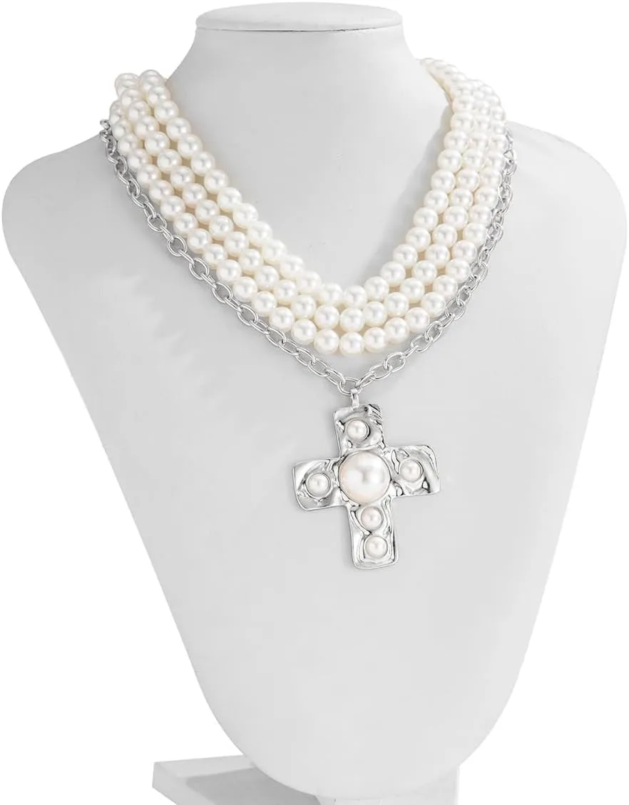 Pearl Cross Necklace for Women Chunky Gold Cross Necklace Layered Cross Pearl Stacked Choker Necklace OT Buckle Chain Chunky Gold Statement Cross Pendant Necklace