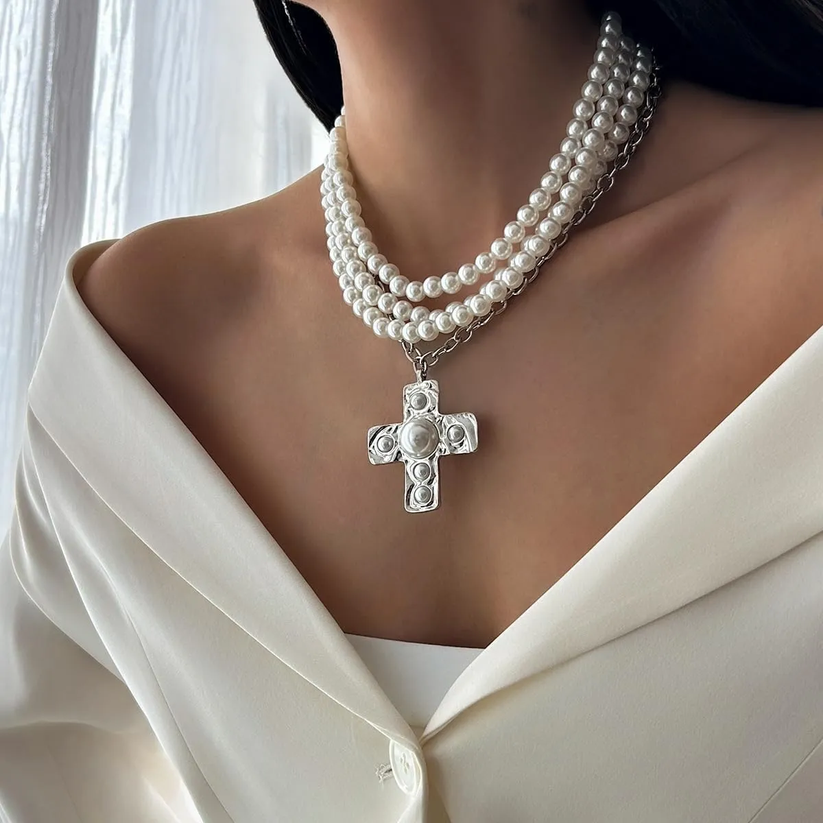 Pearl Cross Necklace for Women Chunky Gold Cross Necklace Layered Cross Pearl Stacked Choker Necklace OT Buckle Chain Chunky Gold Statement Cross Pendant Necklace