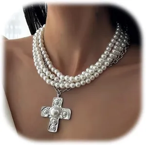 Pearl Cross Necklace for Women Chunky Gold Cross Necklace Layered Cross Pearl Stacked Choker Necklace OT Buckle Chain Chunky Gold Statement Cross Pendant Necklace