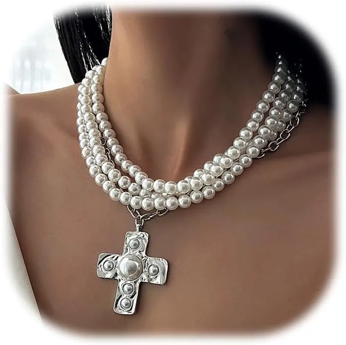 Pearl Cross Necklace for Women Chunky Gold Cross Necklace Layered Cross Pearl Stacked Choker Necklace OT Buckle Chain Chunky Gold Statement Cross Pendant Necklace