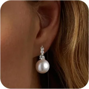 Pearl Earrings for Women Delicate Women's Gold Earrings 14K Gold/Silver Plated Cubic Zirconia Dangle Earrings Clip Pendant Pearls Simple Everyday Jewelry Gifts