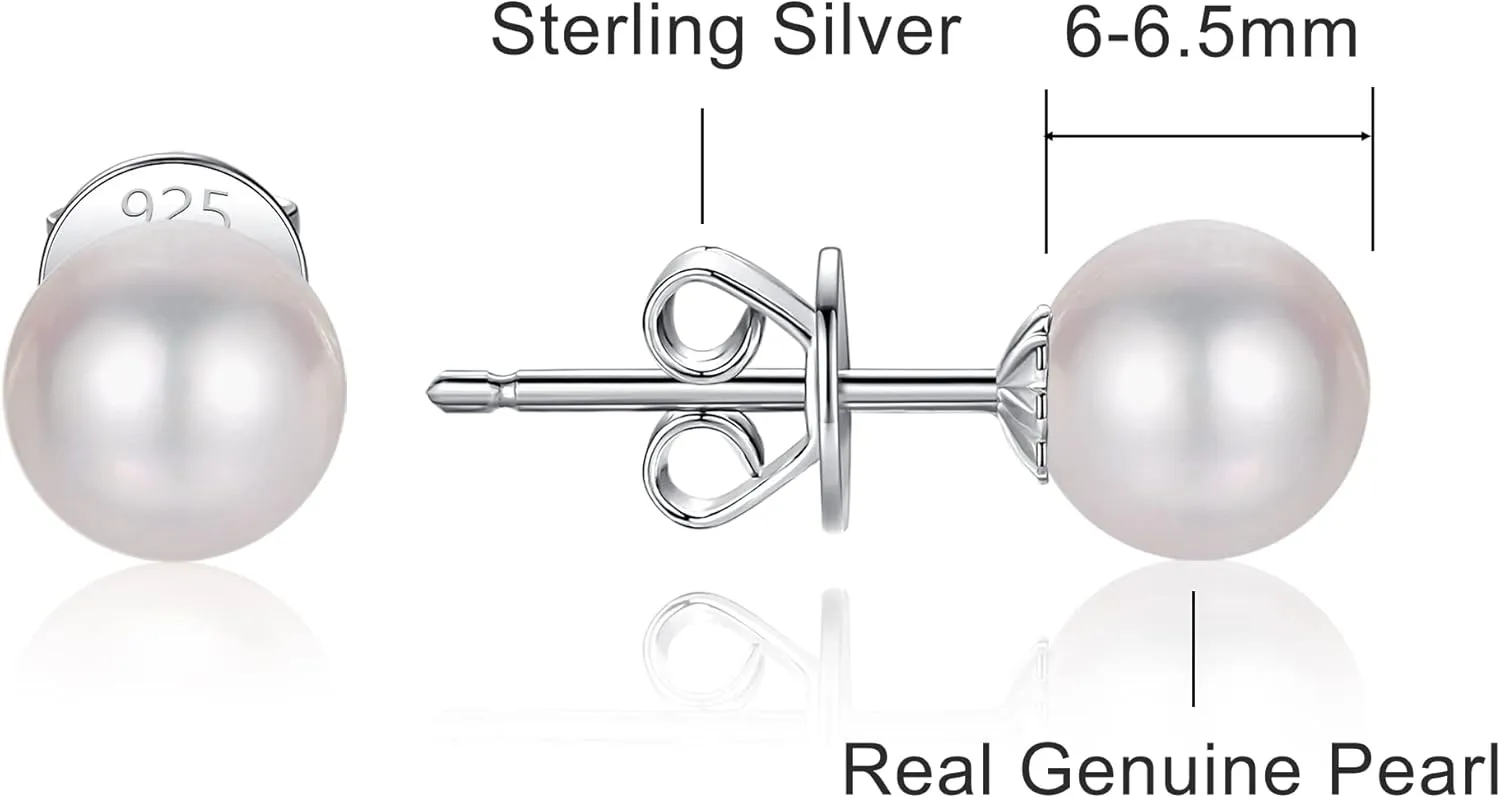 Pearl Stud Earrings for Women 925 Sterling Silver Sensitive Genuine 5mm White Real Round Freshwater Cultured Pearls Everyday Earrings Studs Ladies