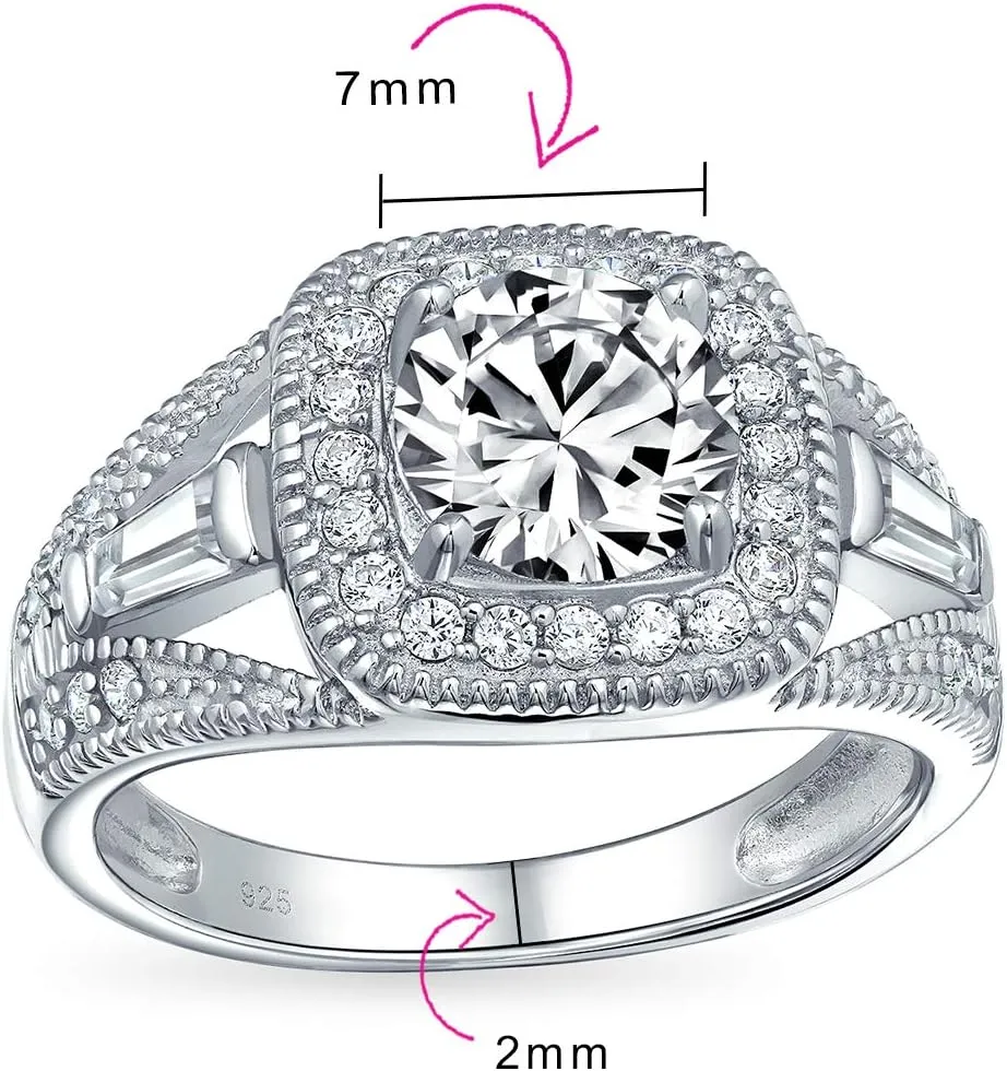 Personalize Vintage Antique Art Deco Style 2CT AAA CZ Pave Halo Square Cushion Cut Solitaire Engagement Ring For Women .925 Sterling Silver Split Baguette Side Stone Milgrain Edge Band Customizable