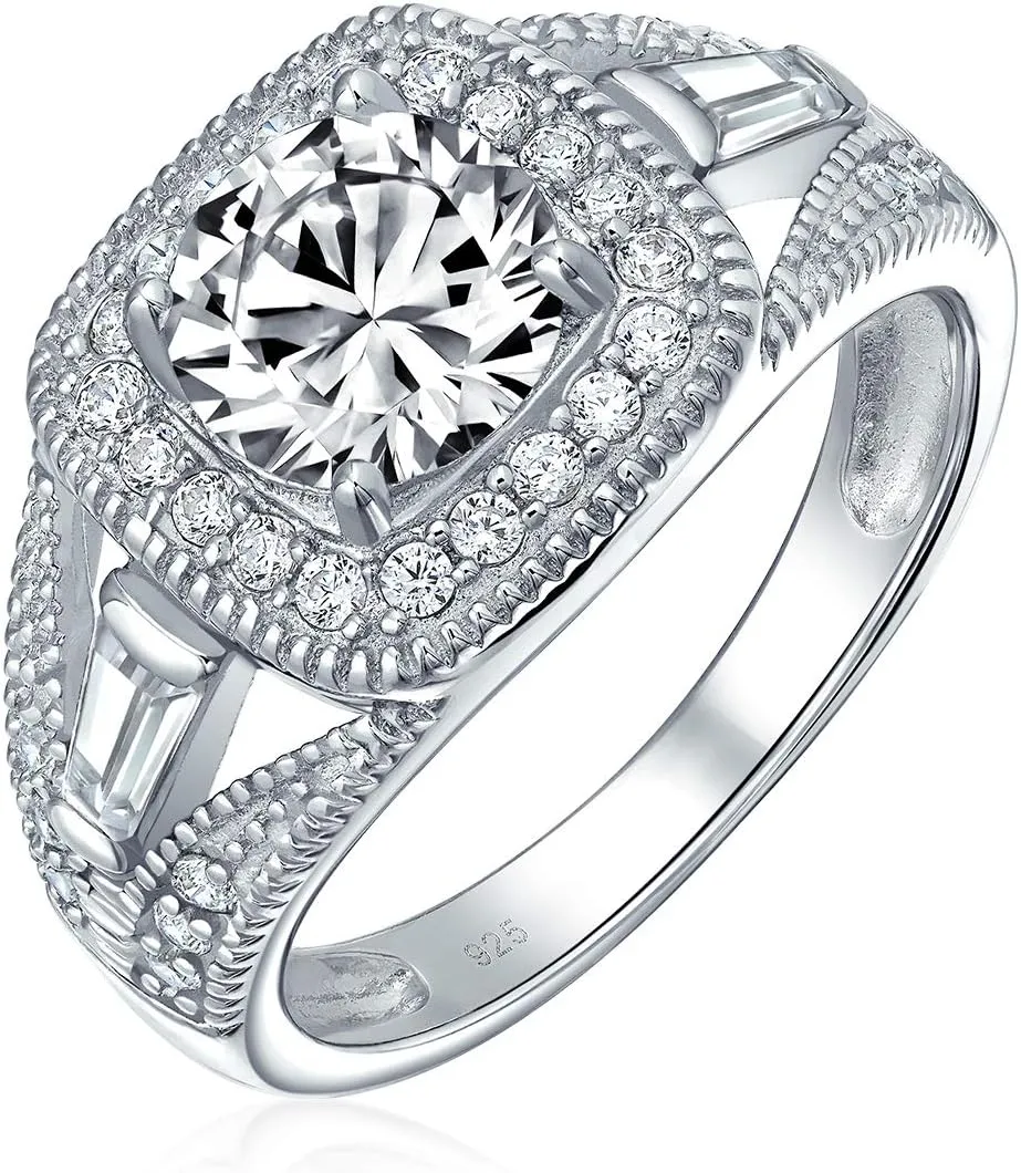 Personalize Vintage Antique Art Deco Style 2CT AAA CZ Pave Halo Square Cushion Cut Solitaire Engagement Ring For Women .925 Sterling Silver Split Baguette Side Stone Milgrain Edge Band Customizable