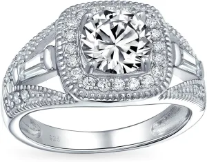Personalize Vintage Antique Art Deco Style 2CT AAA CZ Pave Halo Square Cushion Cut Solitaire Engagement Ring For Women .925 Sterling Silver Split Baguette Side Stone Milgrain Edge Band Customizable