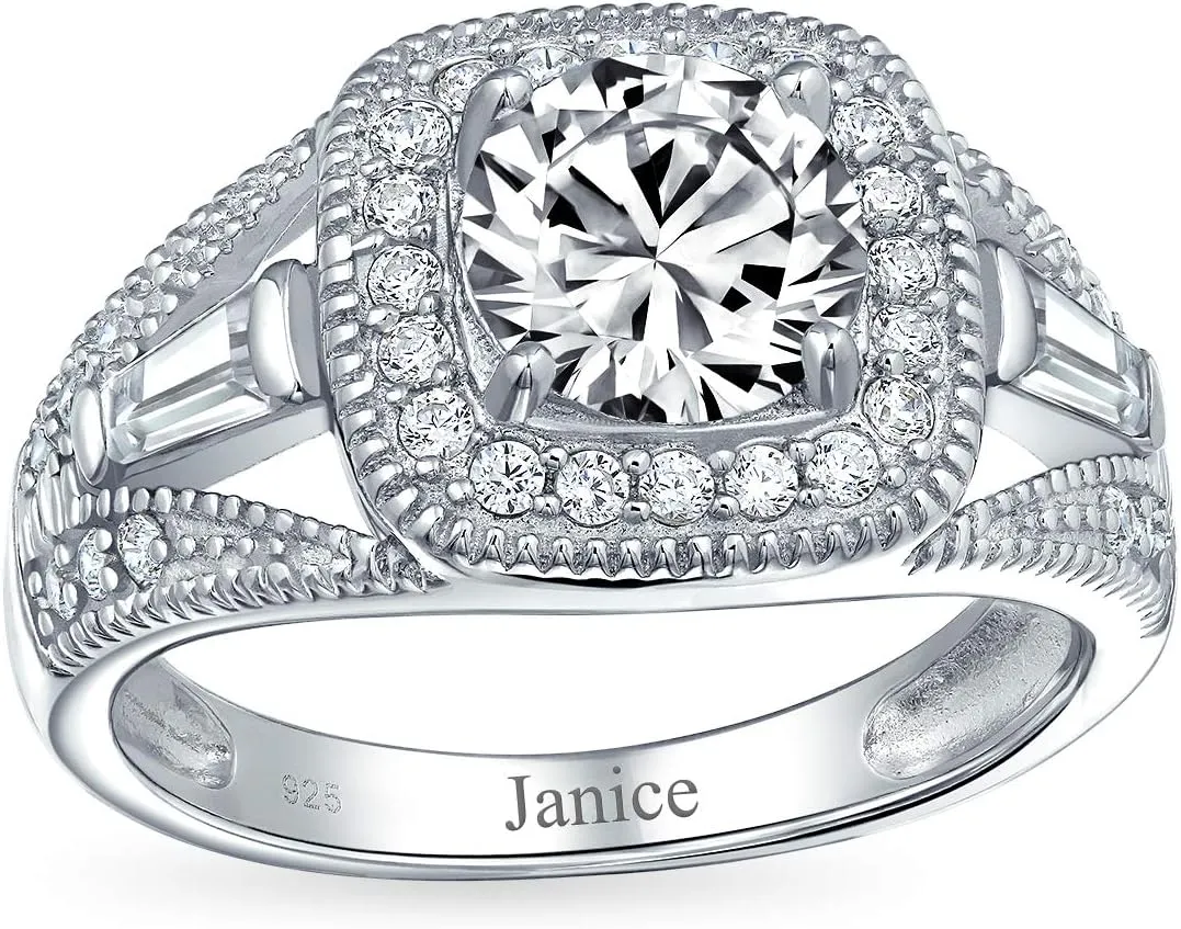 Personalize Vintage Antique Art Deco Style 2CT AAA CZ Pave Halo Square Cushion Cut Solitaire Engagement Ring For Women .925 Sterling Silver Split Baguette Side Stone Milgrain Edge Band Customizable