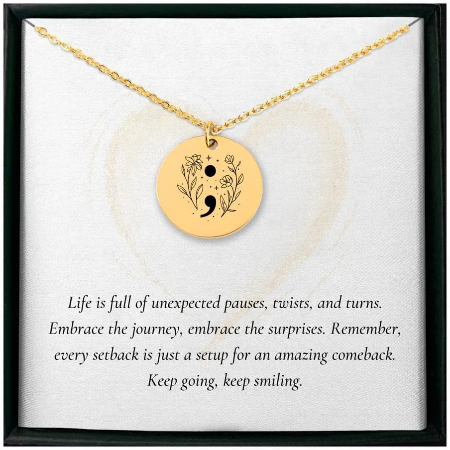Personalized Semicolon Necklace  Custom Pendant for Mental Health Awareness and Empowerment  Inspirational Gift for Strength, Recovery, and Hope