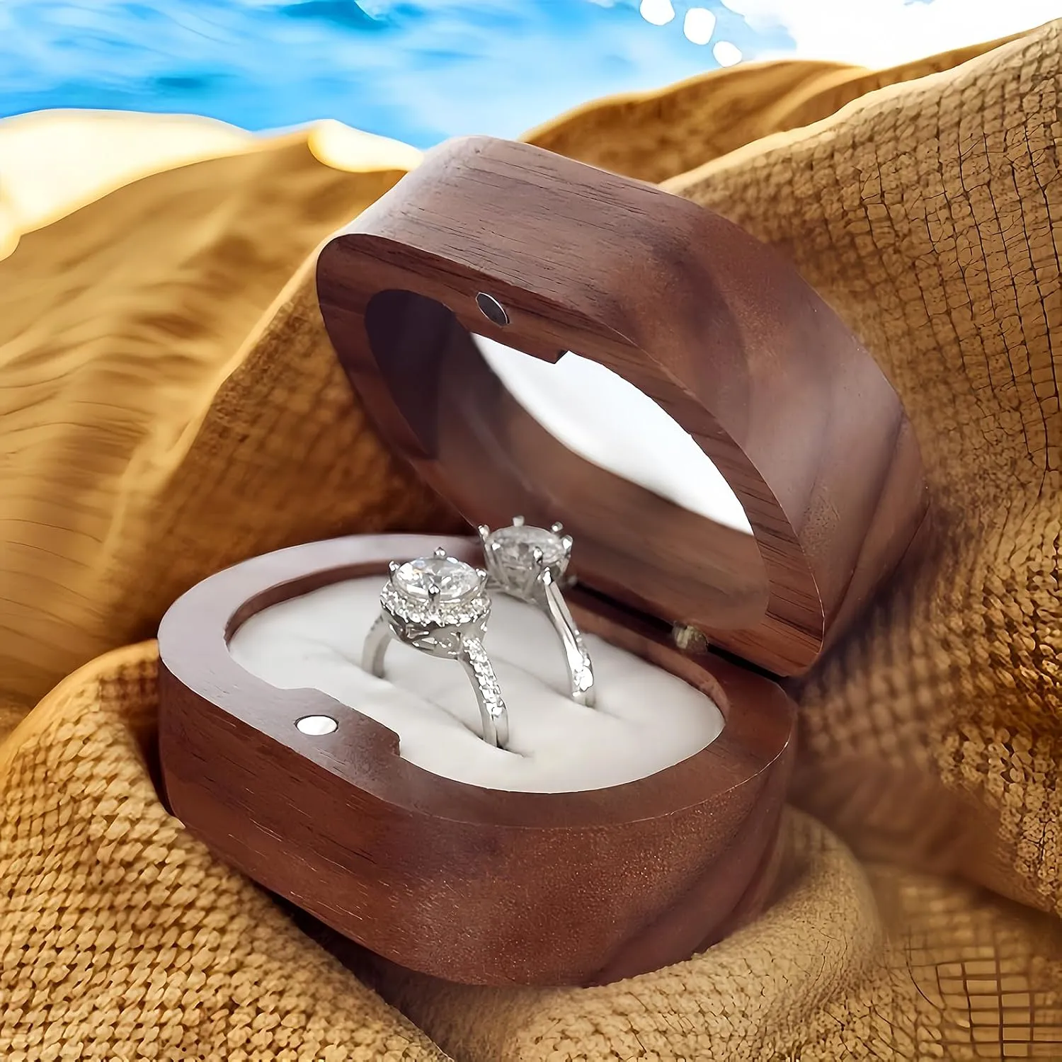 Personalized Wooden Double Ring Box for Wedding Ceremony, Vintage Elegant Holder, Oval Proposal Engagement Box (Double Groove White)