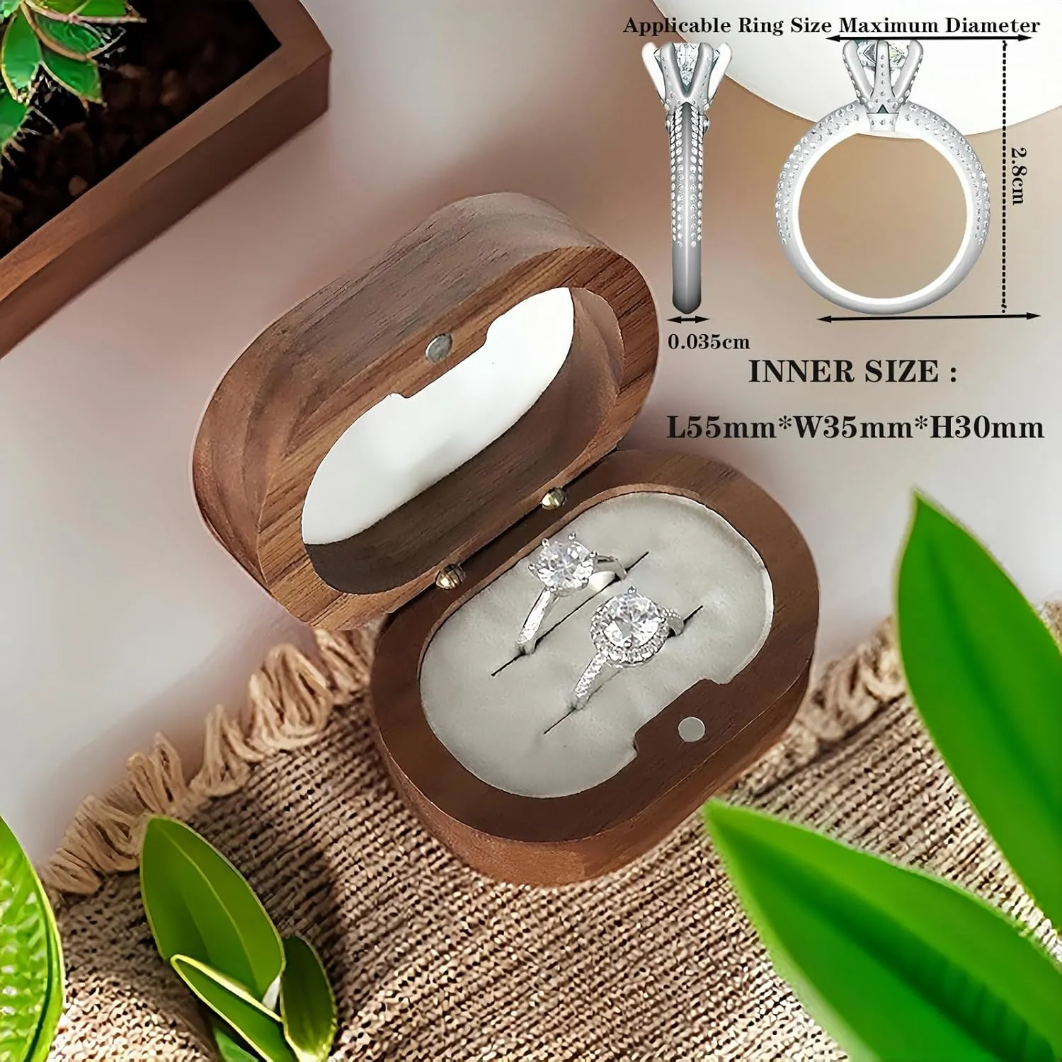Personalized Wooden Double Ring Box for Wedding Ceremony, Vintage Elegant Holder, Oval Proposal Engagement Box (Double Groove White)