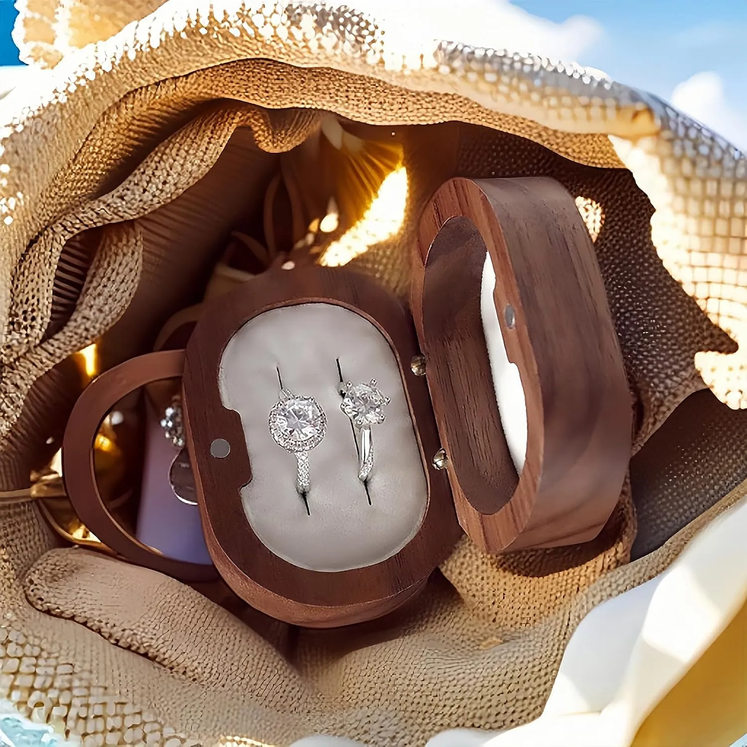 Personalized Wooden Double Ring Box for Wedding Ceremony, Vintage Elegant Holder, Oval Proposal Engagement Box (Double Groove White)
