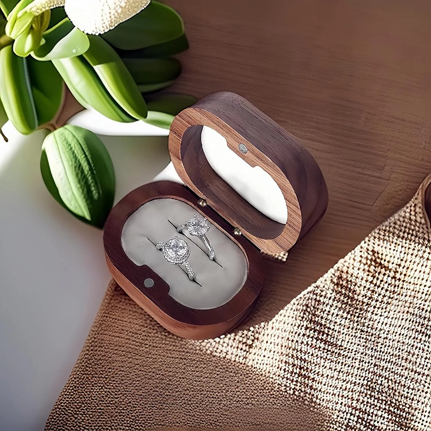 Personalized Wooden Double Ring Box for Wedding Ceremony, Vintage Elegant Holder, Oval Proposal Engagement Box (Double Groove White)
