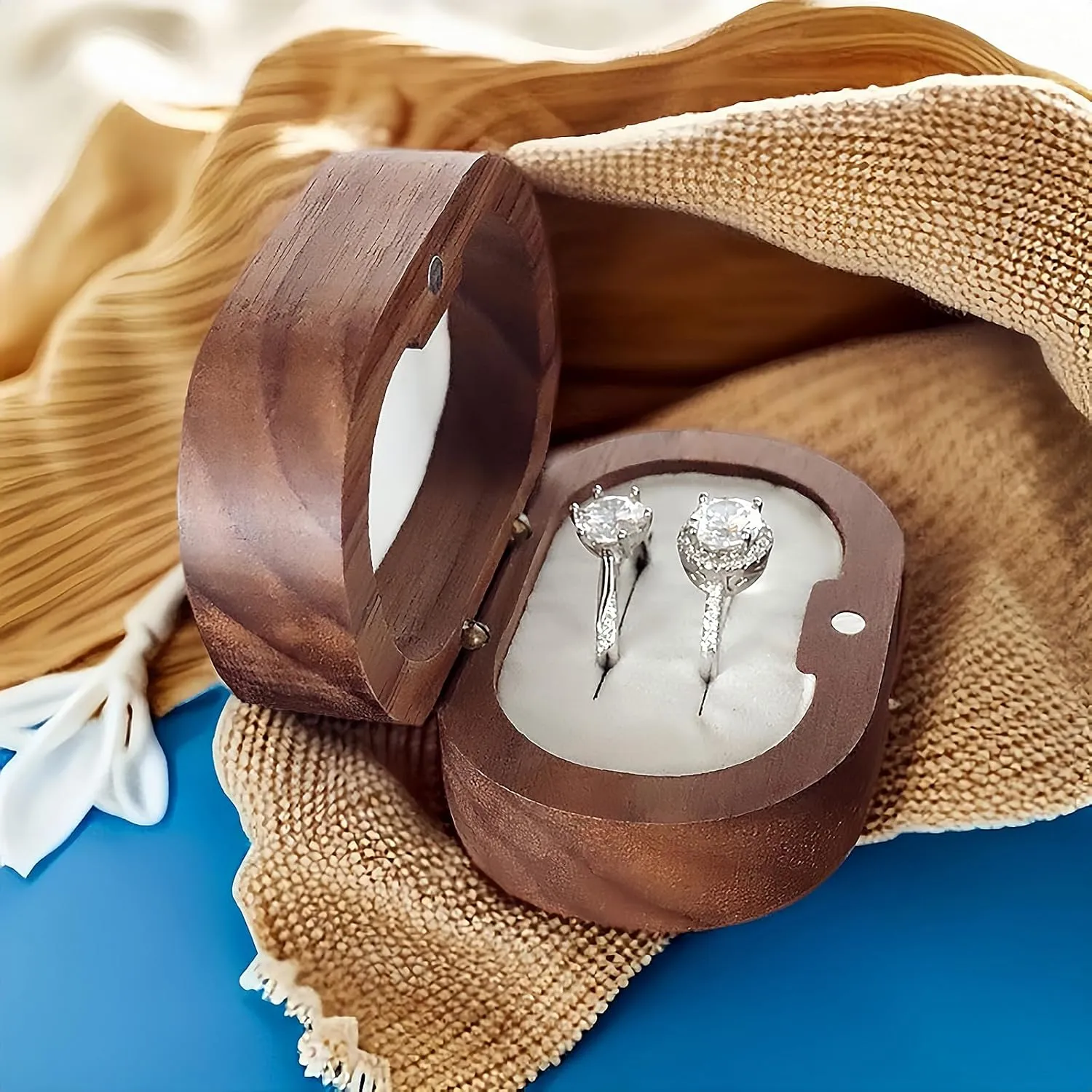 Personalized Wooden Double Ring Box for Wedding Ceremony, Vintage Elegant Holder, Oval Proposal Engagement Box (Double Groove White)