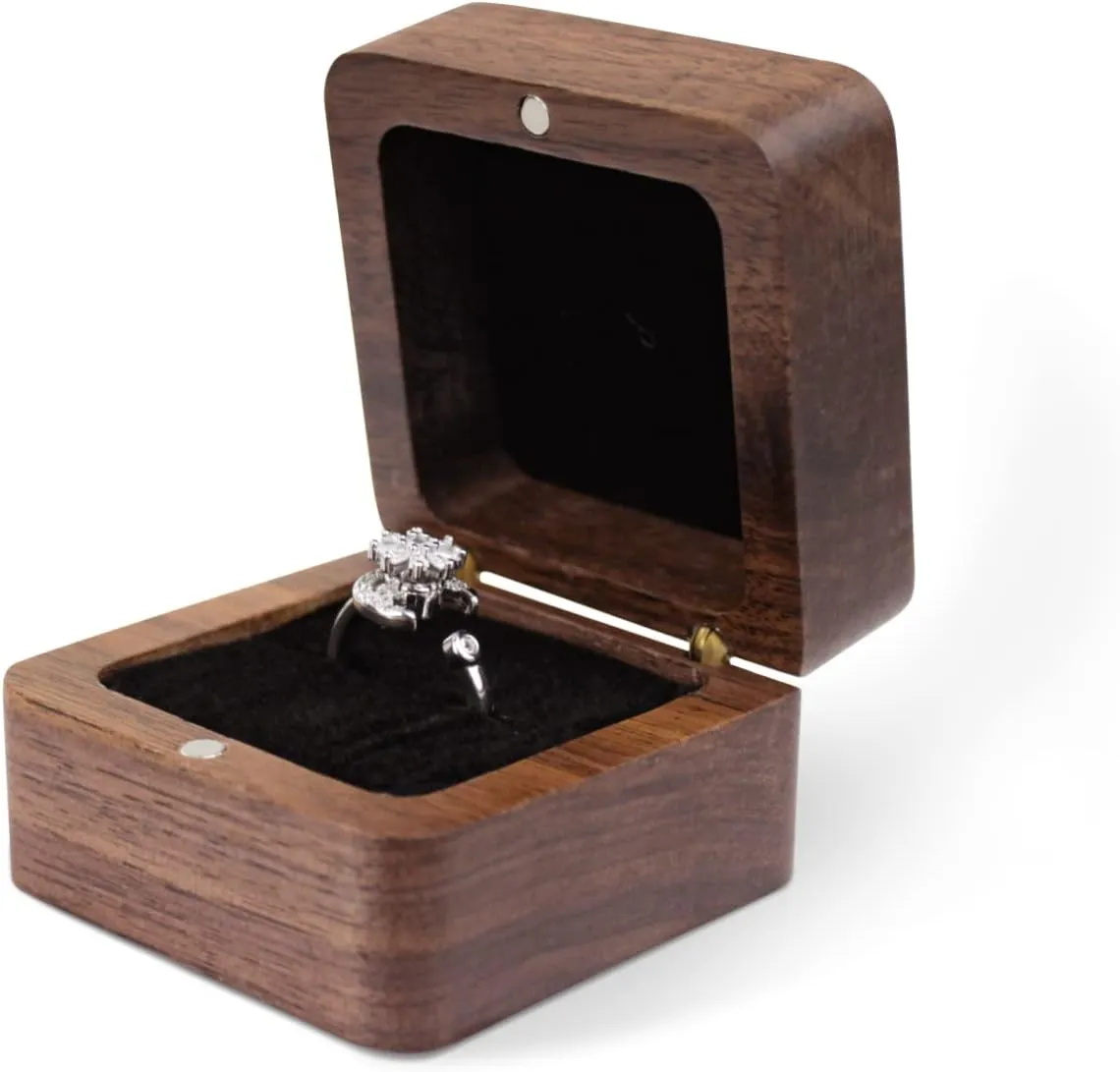Personalized Wooden Ring Box, Mini Engagement Ring Holder Box with Single Slot, Square Wedding Ring Box for Ring, Elegant and Retro Ring Holder Box for Wedding, Ceremony (black)