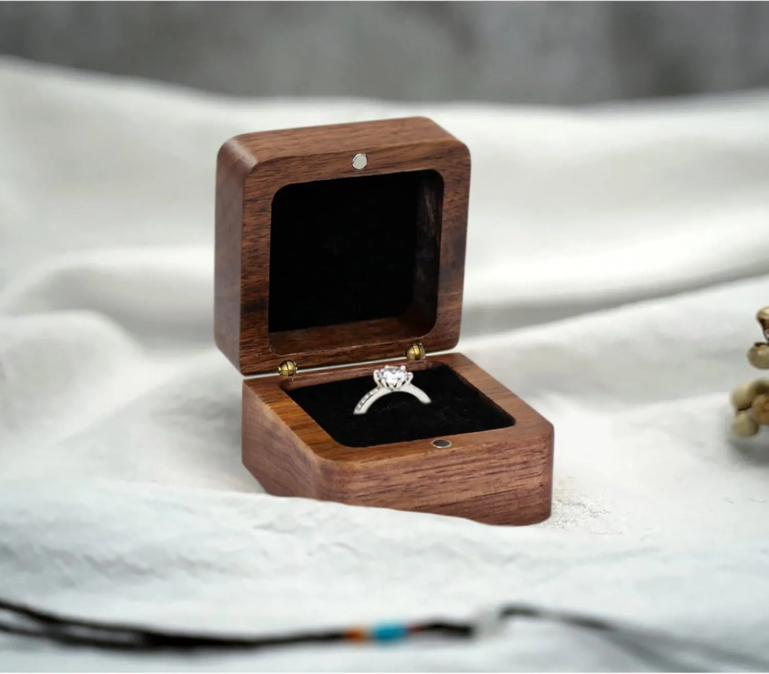 Personalized Wooden Ring Box, Mini Engagement Ring Holder Box with Single Slot, Square Wedding Ring Box for Ring, Elegant and Retro Ring Holder Box for Wedding, Ceremony (black)