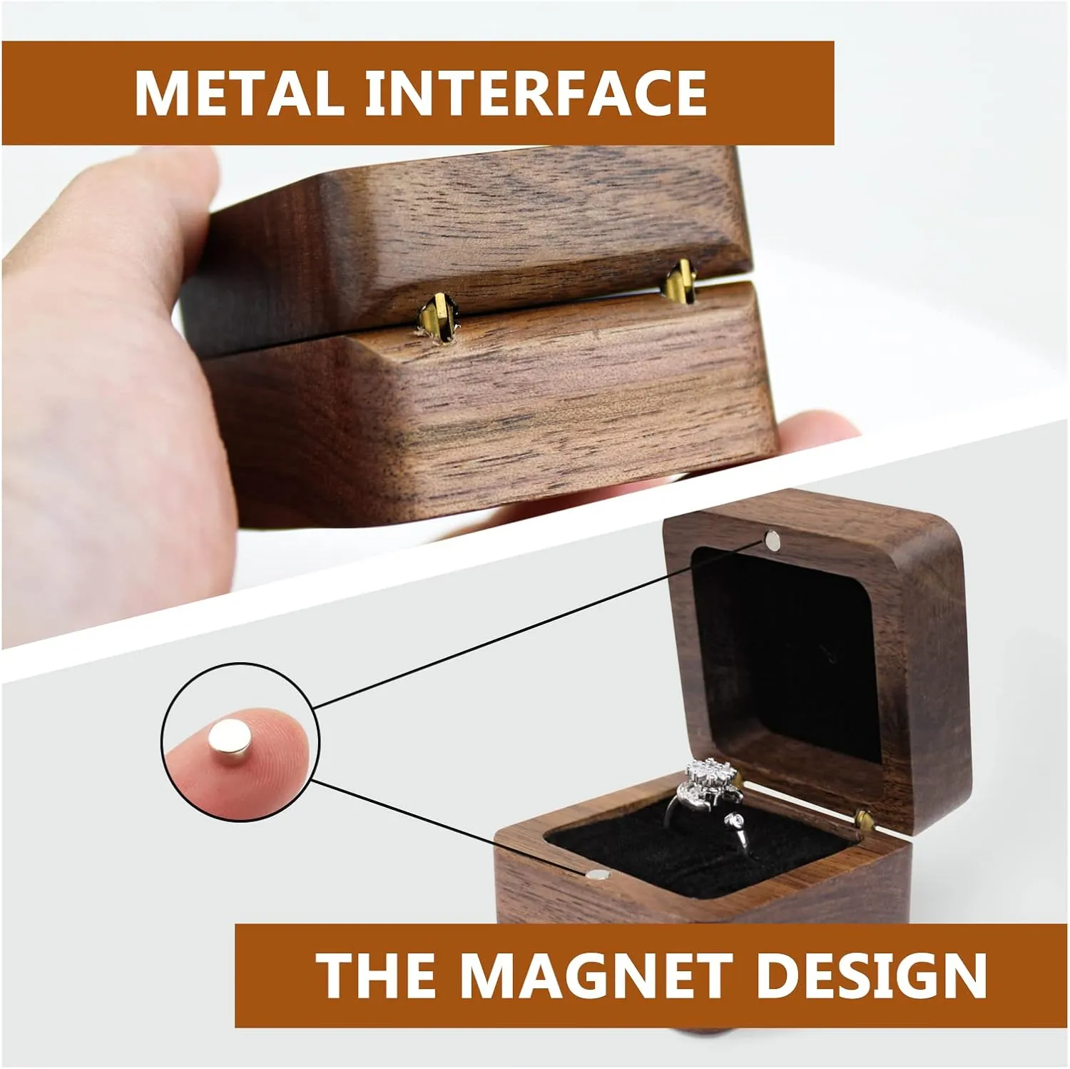 Personalized Wooden Ring Box, Mini Engagement Ring Holder Box with Single Slot, Square Wedding Ring Box for Ring, Elegant and Retro Ring Holder Box for Wedding, Ceremony (black)