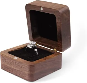 Personalized Wooden Ring Box, Mini Engagement Ring Holder Box with Single Slot, Square Wedding Ring Box for Ring, Elegant and Retro Ring Holder Box for Wedding, Ceremony (black)