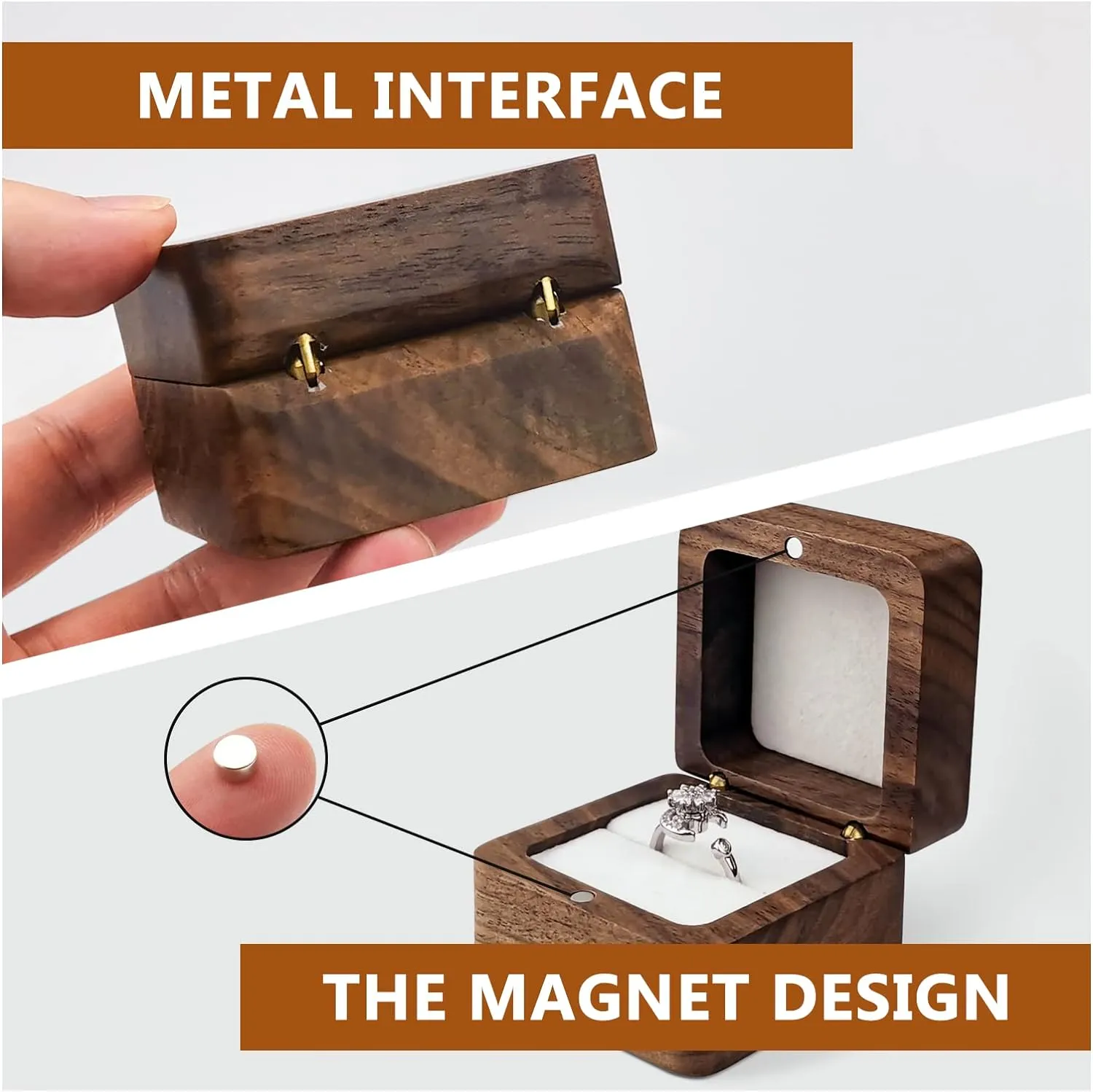 Personalized Wooden Ring Box, Mini Engagement Ring Holder Box with Single Slot, Square Wedding Ring Box for Ring, Elegant and Retro Ring Holder Box for Wedding, Ceremony (white)