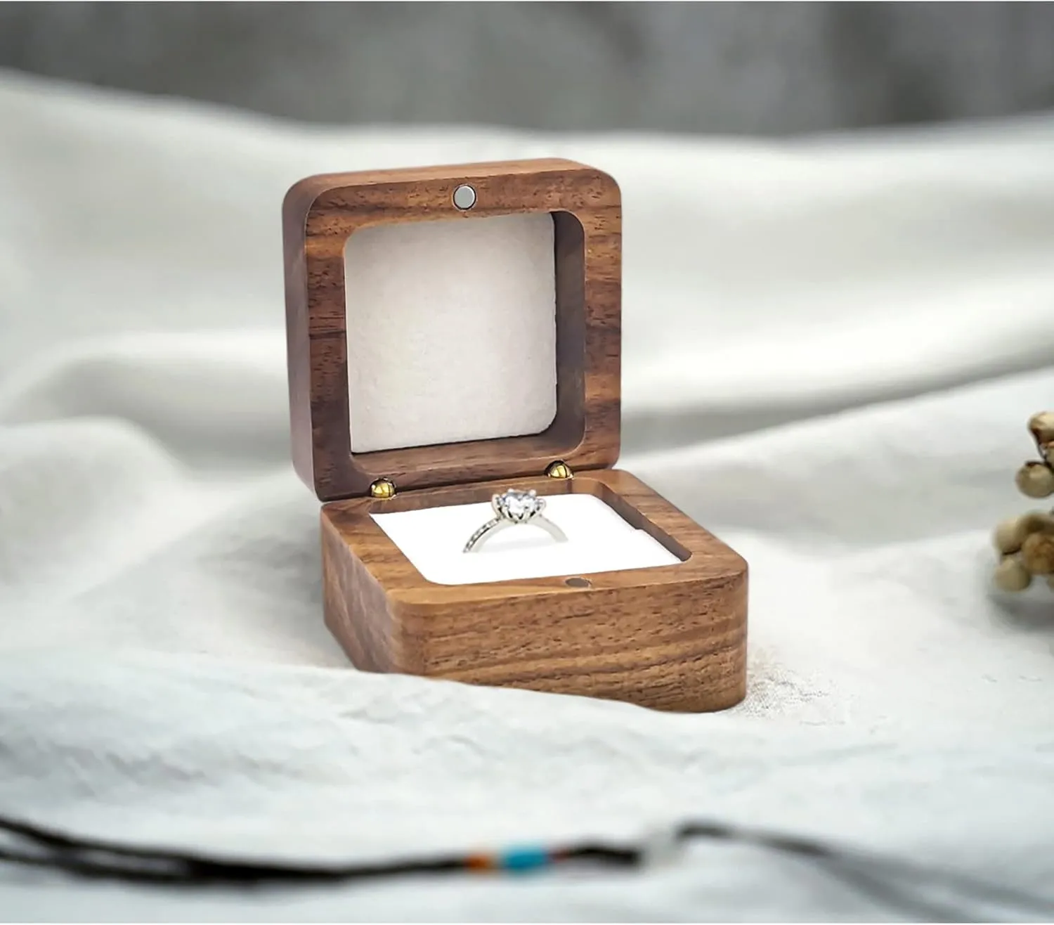 Personalized Wooden Ring Box, Mini Engagement Ring Holder Box with Single Slot, Square Wedding Ring Box for Ring, Elegant and Retro Ring Holder Box for Wedding, Ceremony (white)