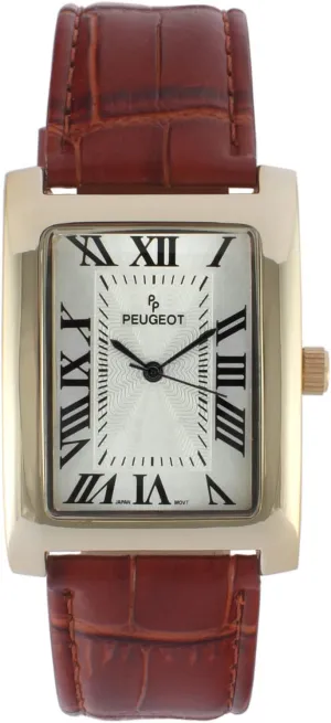 Peugeot Mens Vintage Tank Shape 14K Gold Plated Wrist Watch with Roman Numeral Dial