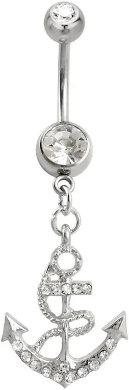 Pierced Owl - 14GA Stainless Steel CZ Crystal Gemmed Nautical Anchor Dangling Belly Button Ring