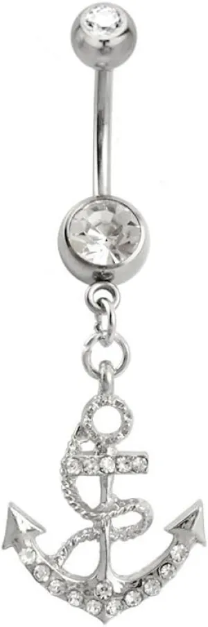 Pierced Owl - 14GA Stainless Steel CZ Crystal Gemmed Nautical Anchor Dangling Belly Button Ring