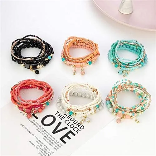 Pingyongchang Stackable Multi Layer Bohemian Bead Bracelet For Women Handmade Colorful Beads Layered Stretch Multilayer Bangles Bracelets Beach Anklets Jewelry String Charm Bracelets 6 pieces