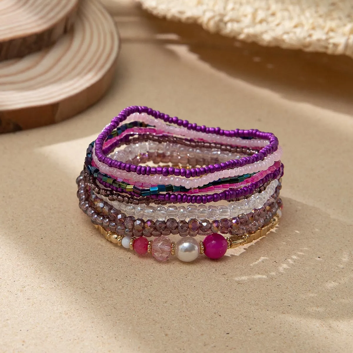 Pingyongchang Stackable Multi Layer Bohemian Bead Bracelet For Women Handmade Colorful Beads Layered Stretch Multilayer Bangles Bracelets Beach Anklets Jewelry String Charm Bracelets 6 pieces