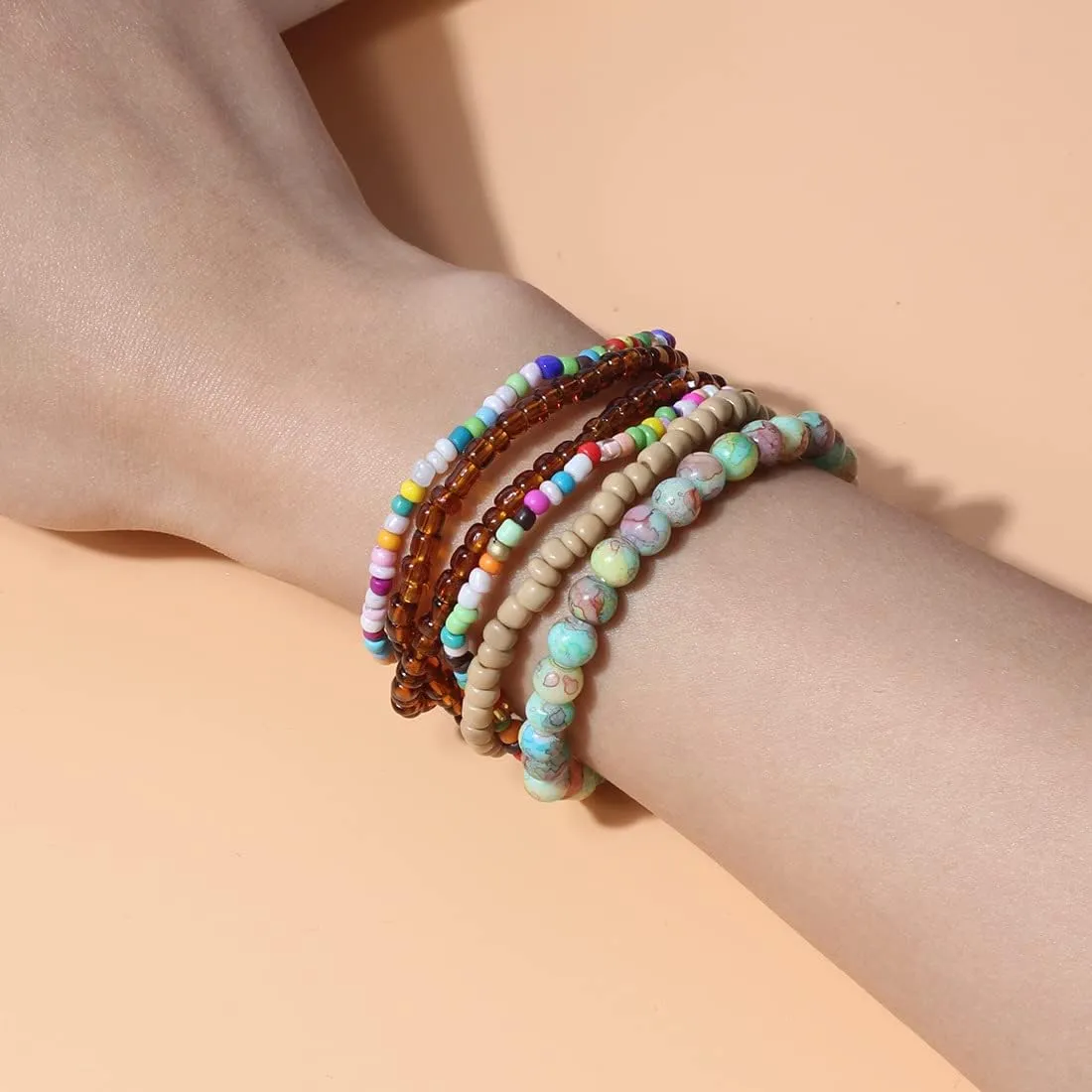 Pingyongchang Stackable Multi Layer Bohemian Bead Bracelet For Women Handmade Colorful Beads Layered Stretch Multilayer Bangles Bracelets Beach Anklets Jewelry String Charm Bracelets 6 pieces