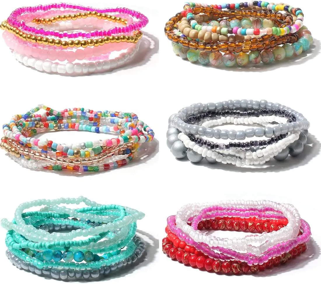 Pingyongchang Stackable Multi Layer Bohemian Bead Bracelet For Women Handmade Colorful Beads Layered Stretch Multilayer Bangles Bracelets Beach Anklets Jewelry String Charm Bracelets 6 pieces