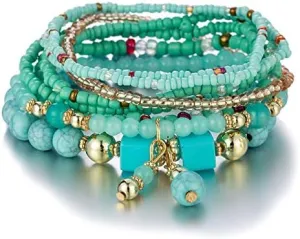 Pingyongchang Stackable Multi Layer Bohemian Bead Bracelet For Women Handmade Colorful Beads Layered Stretch Multilayer Bangles Bracelets Beach Anklets Jewelry String Charm Bracelets 6 pieces