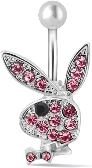 Pink Bunny Belly Barbell, Stainless Steel, Modern, Pink Rhinestone, Body Jewelry Grade
