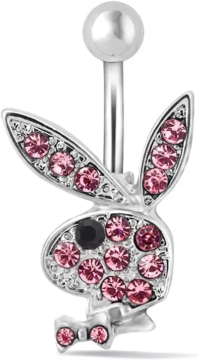 Pink Bunny Belly Barbell, Stainless Steel, Modern, Pink Rhinestone, Body Jewelry Grade