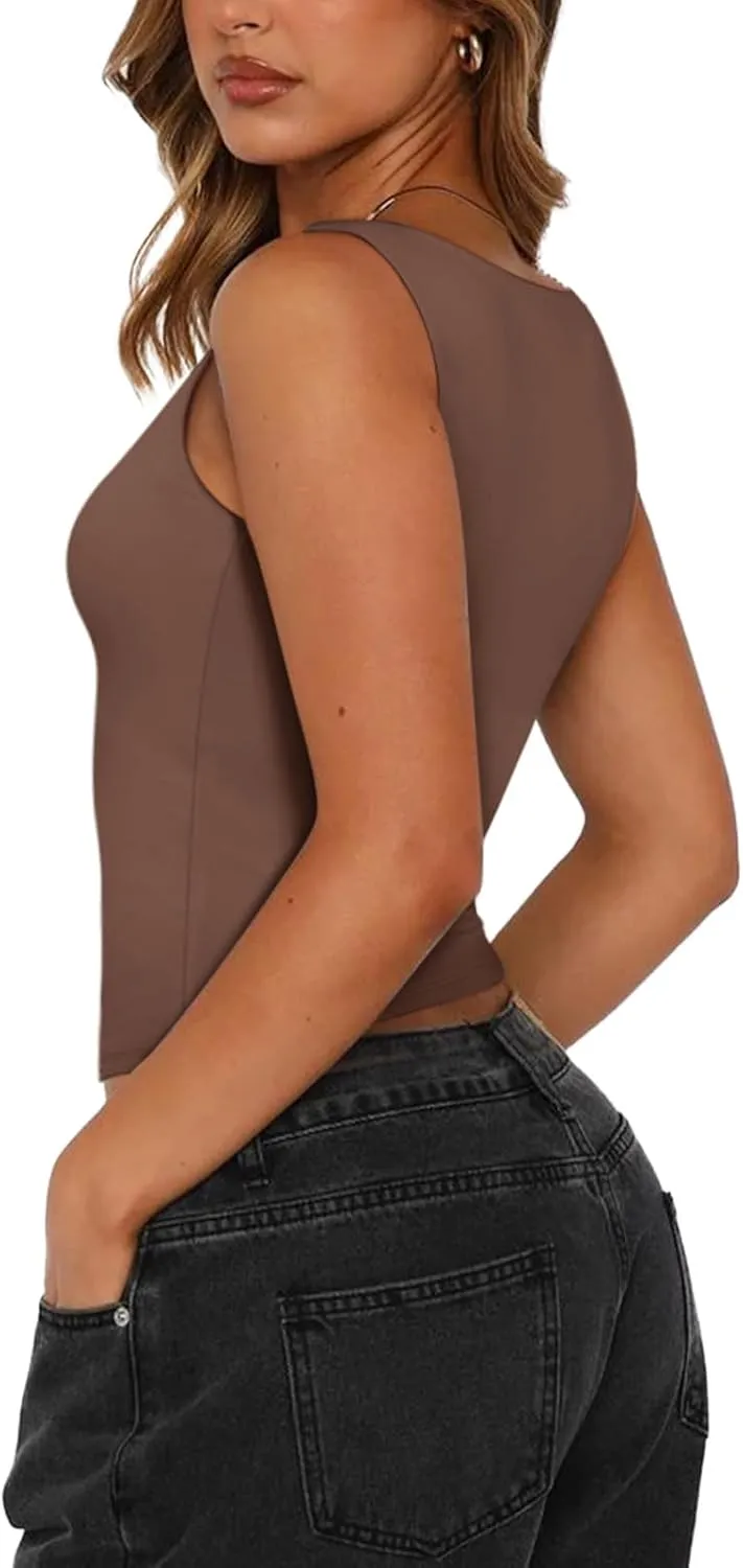 PINKMSTYLE Womens Basic Square Neck Tank Tops Cute Double Lined Sleeveless Tops Summer Outfits