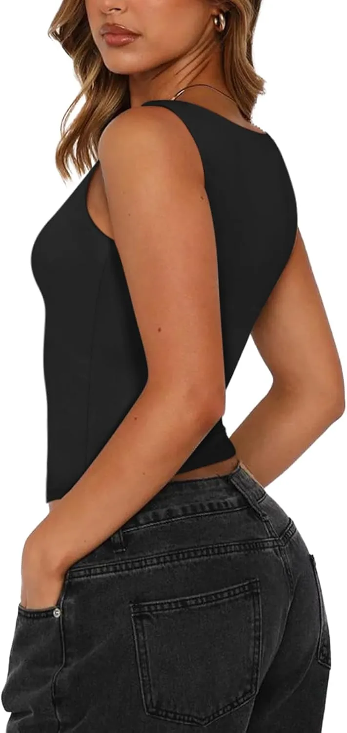 PINKMSTYLE Womens Basic Square Neck Tank Tops Cute Double Lined Sleeveless Tops Summer Outfits