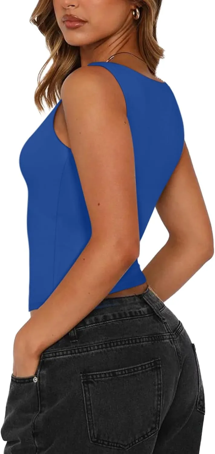 PINKMSTYLE Womens Basic Square Neck Tank Tops Cute Double Lined Sleeveless Tops Summer Outfits