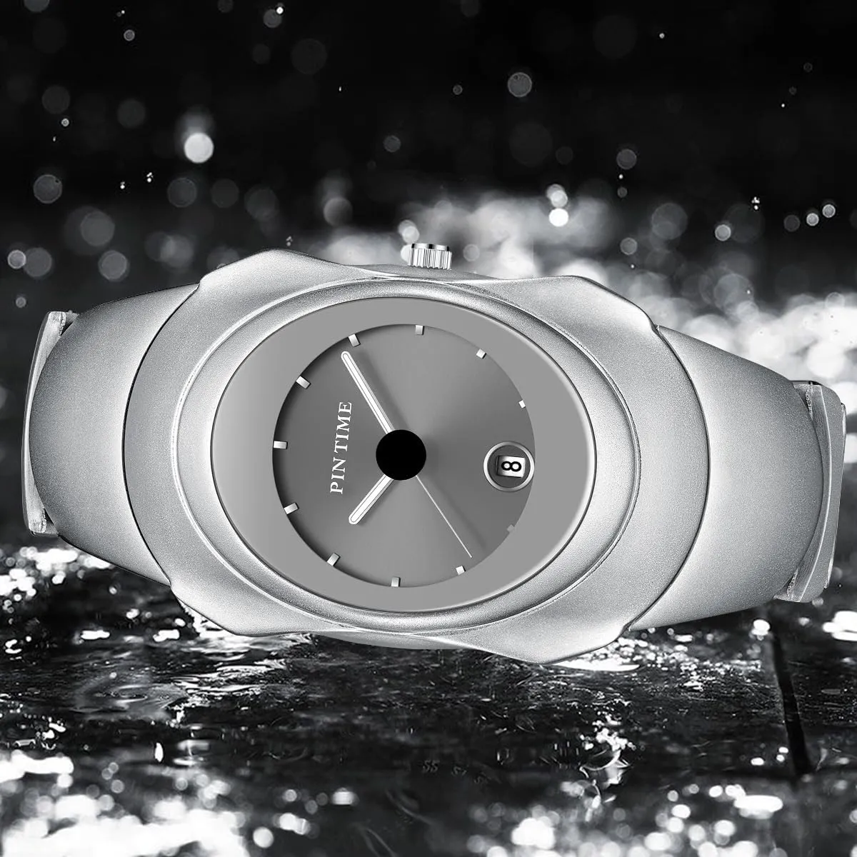 PINTIME Fashion Mens Unique Watches Slim Sleek Classic Stainless Steel Quartz Waterproof Business Wristwatches for Men Auto Date