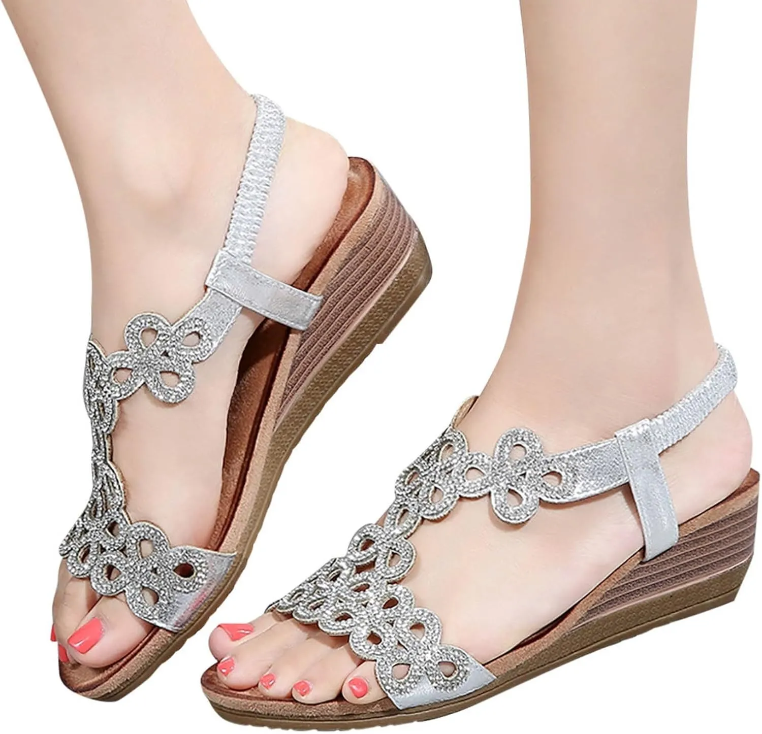 Platform Sandals for Women Elastic Ankle Strap Open Toe Flower Shoes Women Open Toe Flatform Fashion Sandals