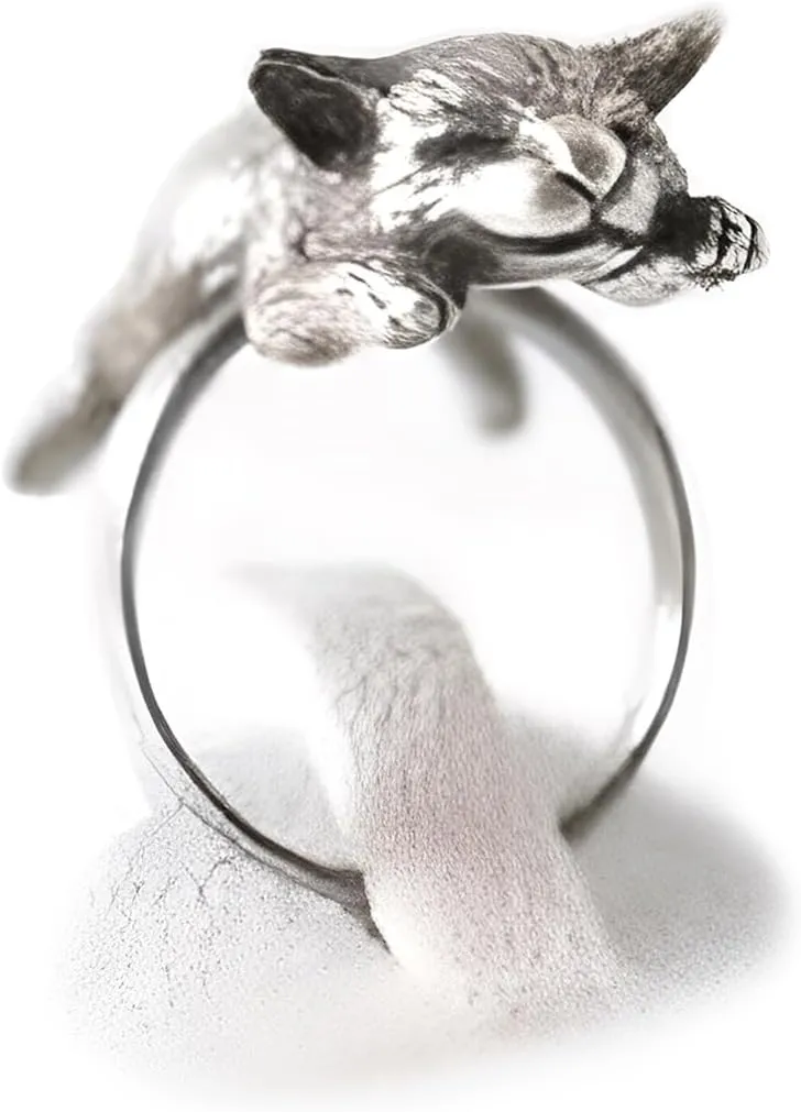POYAMUSE Lovely Sleeping Cat Finger Ring - Retro Cat Kitty Lying on Finger Design for Cat Lover