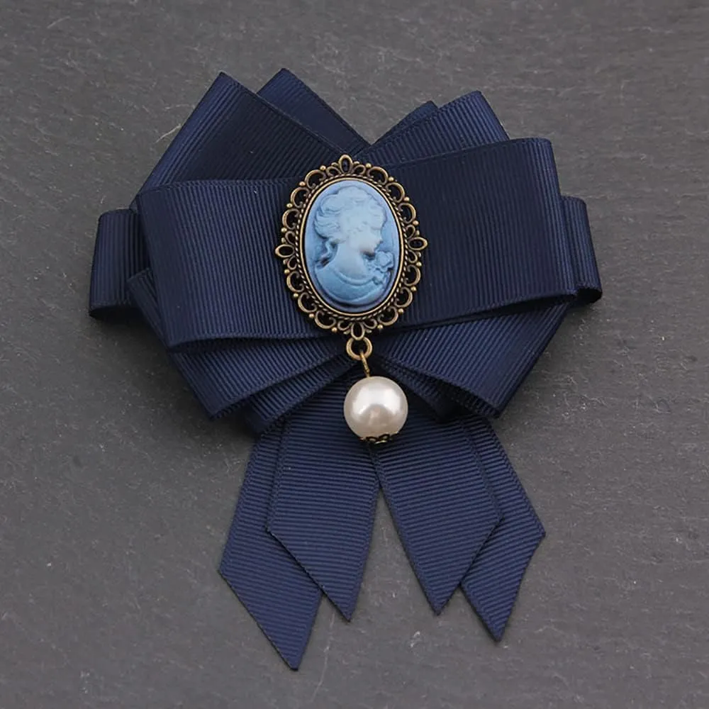 Pre-Tied Big Bow Ribbon Brooch Victorian Lady Cameo Faux Pearl Dangle Pins Clip Tie Collar Jewelry Fashion Accessories for Women Gifts