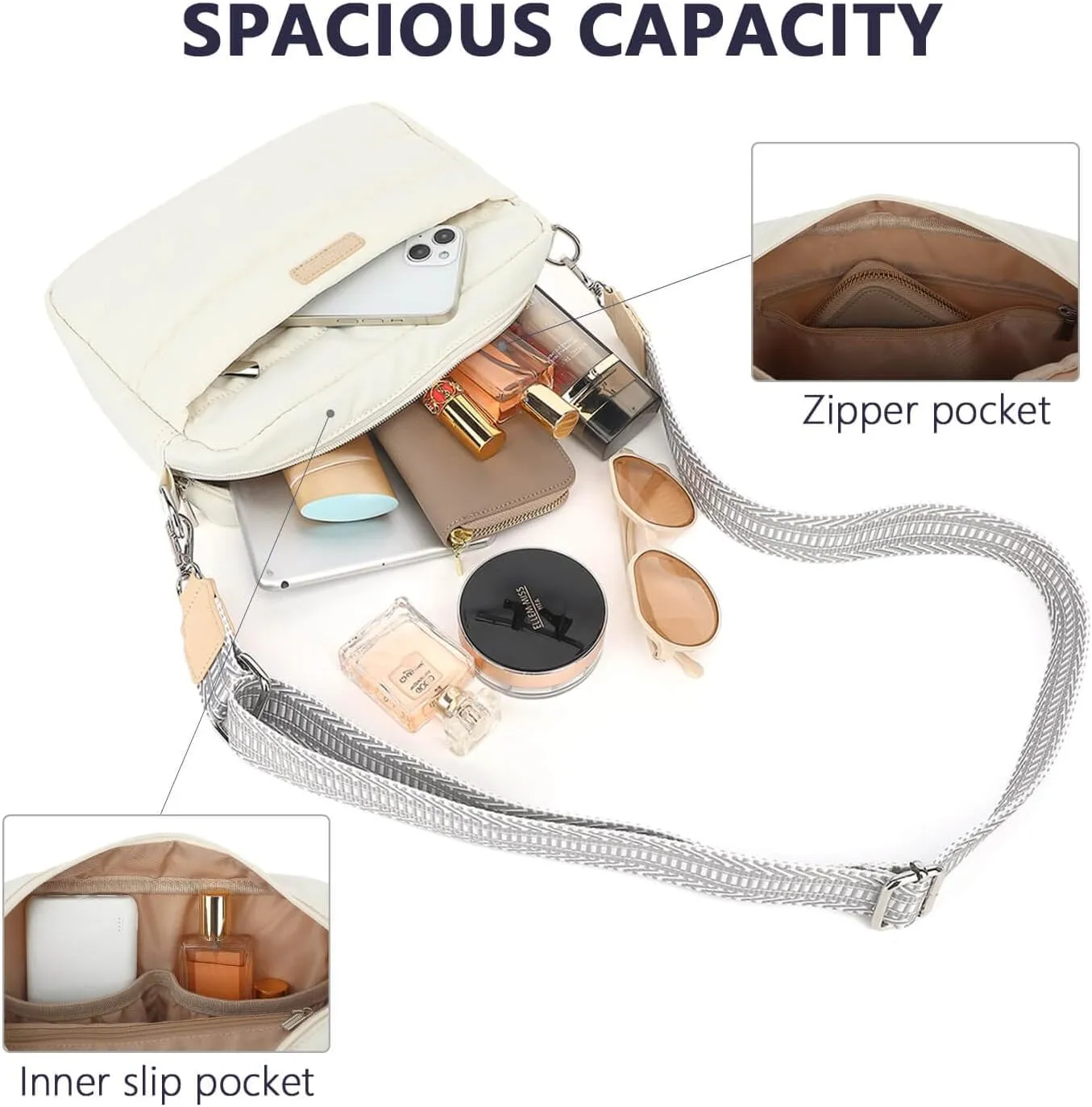 Puffer Crossbody Bags for Women, Lightweight Quilted Puffer Shoulder Bag, Cross Body Purse with Guitar Wide Strap Fit