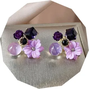 Purple Earrings for Women Flower Stud Statement Trendy Cute Everyday Crystal Jewelry Gift